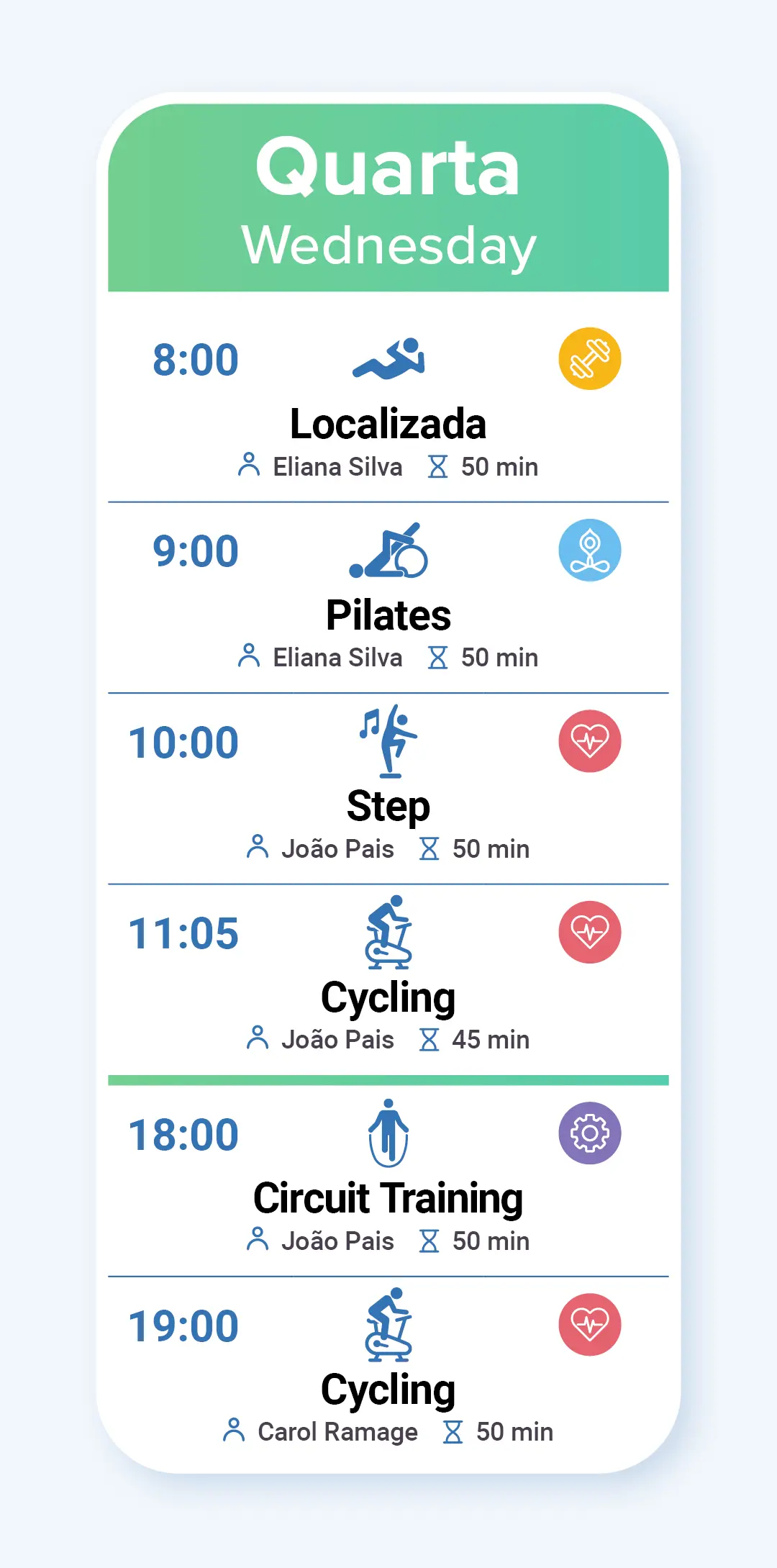 Horário das Aulas de Fitness na quarta-feira