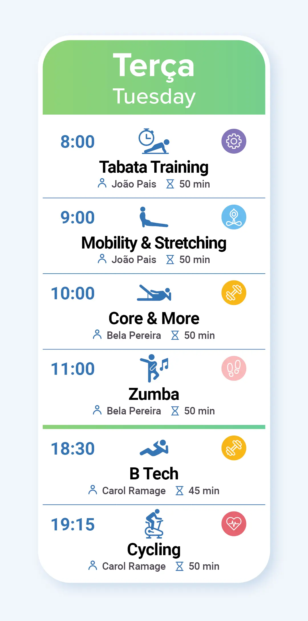 Horário das Aulas de Fitness na terça-feira