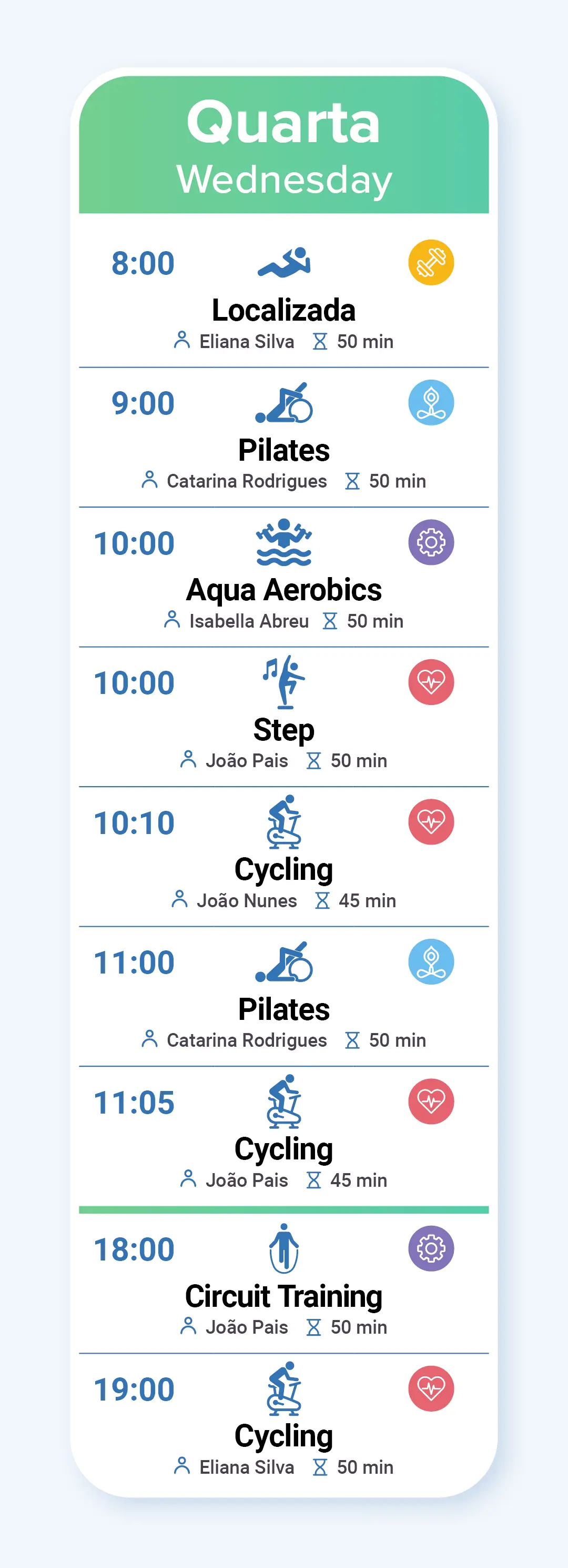 Horário das Aulas de Fitness na quarta-feira