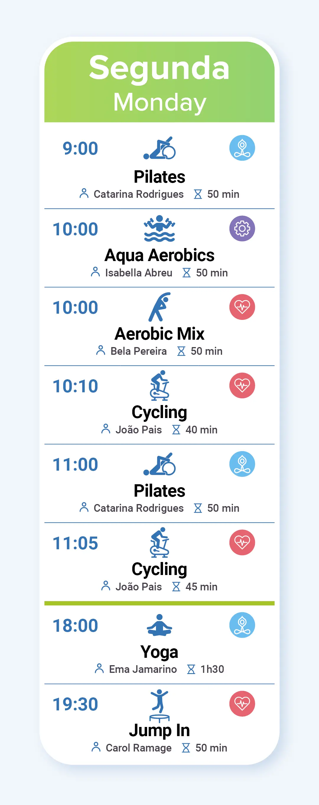 Horário de Aulas de Fitness na segunda-feira