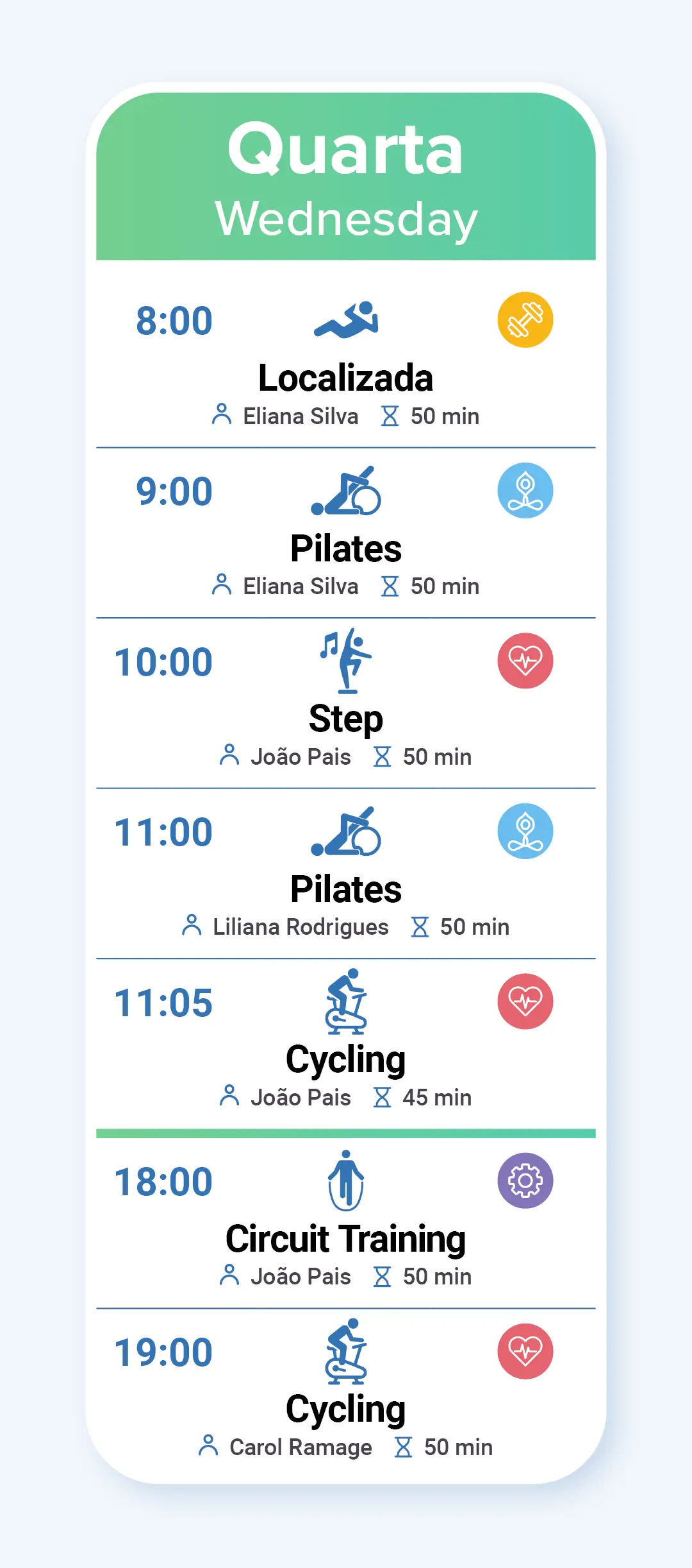 Horário das Aulas de Fitness na quarta-feira